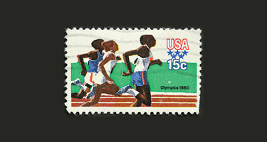 Olympic Stamp on a black background detailing runners  
