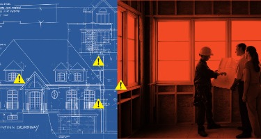 Blueprint of a house with yellow caution signs and red image of a construction worker talking to two