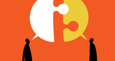 Two animated figures with puzzle piece speech bubbles