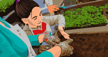 Child helping individual plant flowers