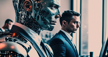 Robot in business suit at desk beside human man in business suit