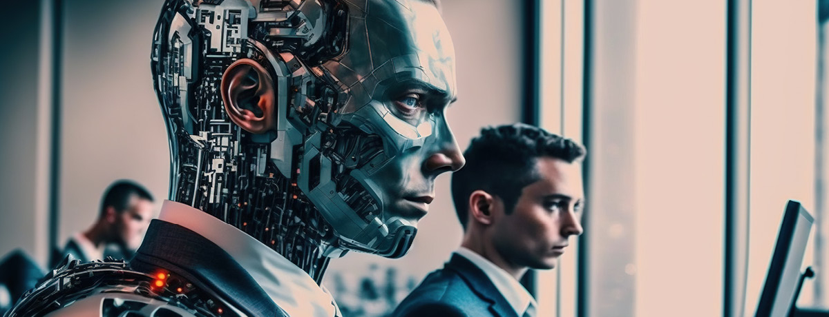Robot in business suit at desk beside human man in business suit