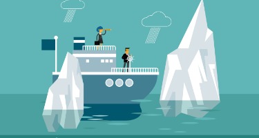 A male and female captain on a blue ship with two icebergs and two clouds with rain