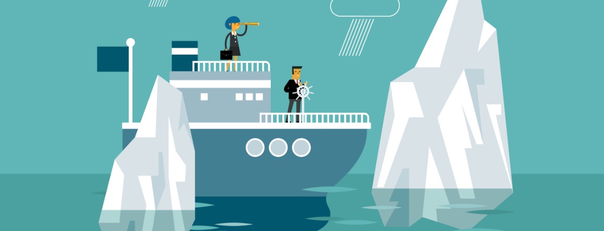 A male and female captain on a blue ship with two icebergs and two clouds with rain