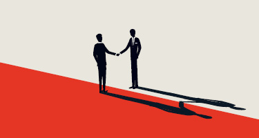 Two animated figures shaking hands and divided by red and white space