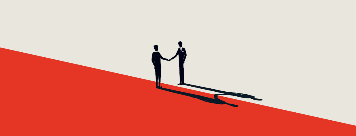 Two animated figures shaking hands and divided by red and white space