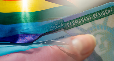 Pride flag, finger and visa document