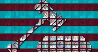 Red and blue striped background with medical personal on the gavel and the sound block 