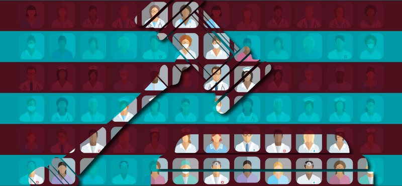 Red and blue striped background with medical personal on the gavel and the sound block 