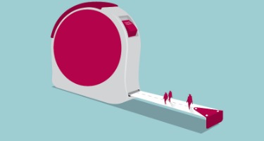 Giant measuring tape with little people standing on the end 