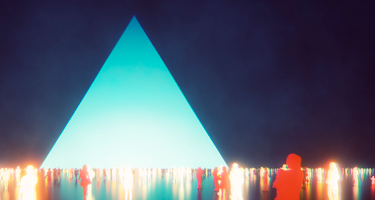 Figures standing and looking at a large triangular structure