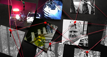 Giant crime board with multiple pictures connected to the Murdaugh murders