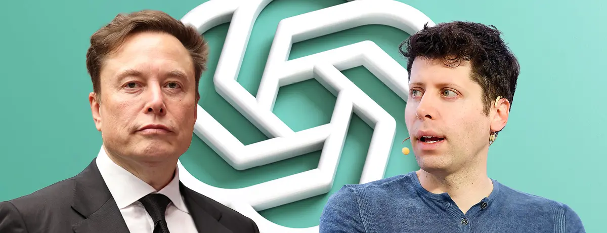 Portrait photos of Elon Musk and Sam Altman positioned in front of the OpenAI logo.