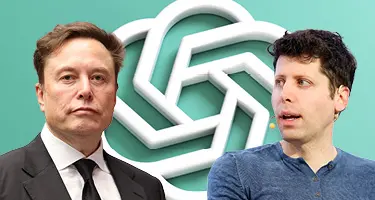 Portrait photos of Elon Musk and Sam Altman positioned in front of the OpenAI logo.