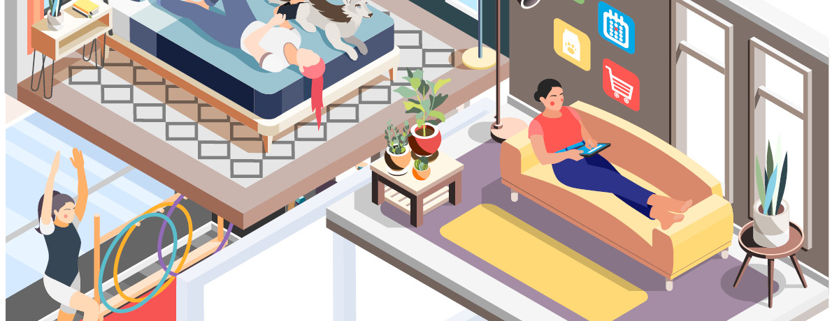 Animated figures in an office, gym and apartment