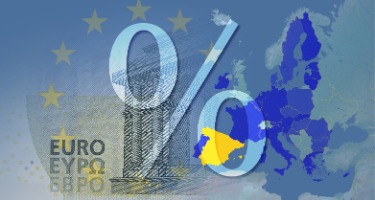 Blue Euro with a ring of gold stars and a giant percent symbol and a map 