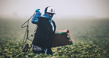 Worker wearing hat stands in field carrying equipment