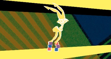 Woman doing a handstand on multiple multicolored blocks on a yellow road
