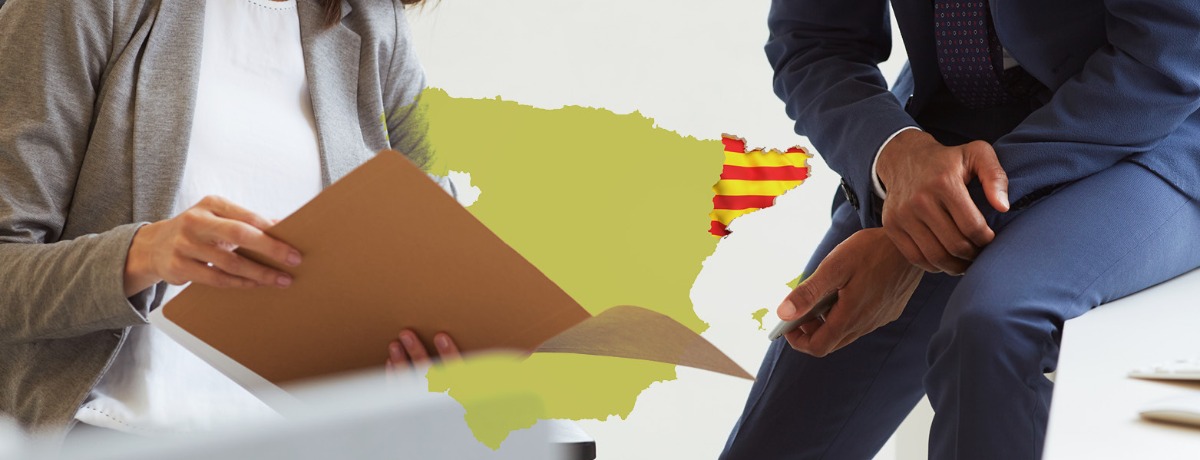 Businesswoman with folder stands Infront of Catalonia with man in blue suit 