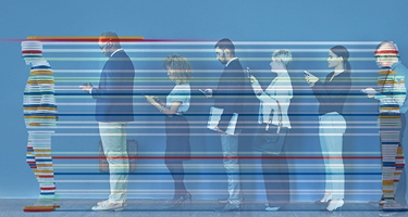 AI worker stands in front of line of people