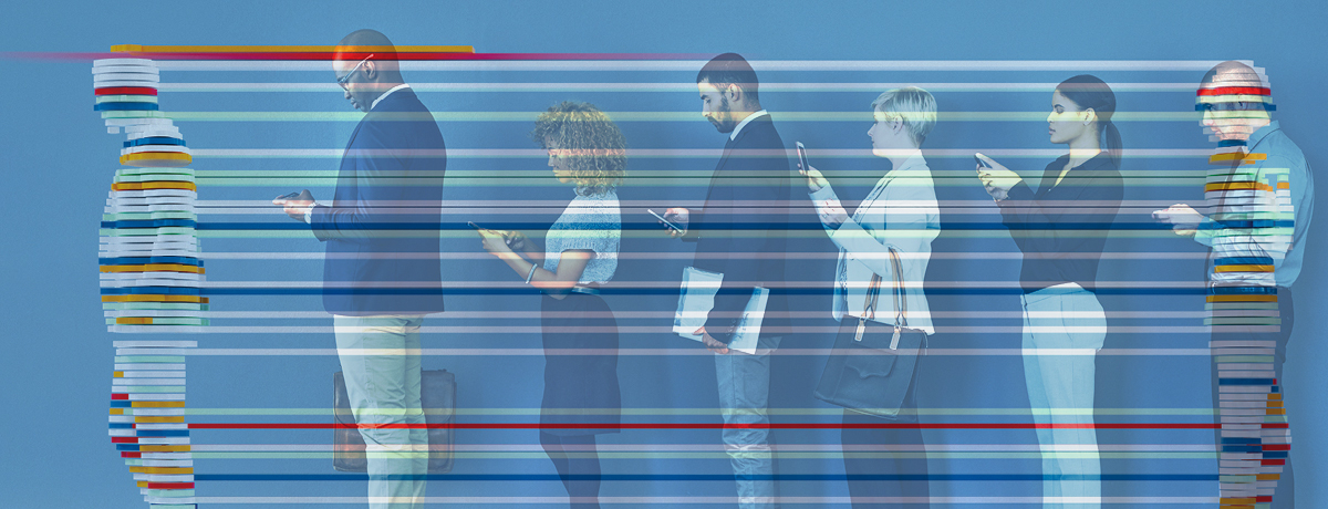 AI worker stands in front of line of people