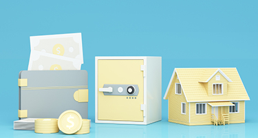 Wallet, safe and house in front of blue background