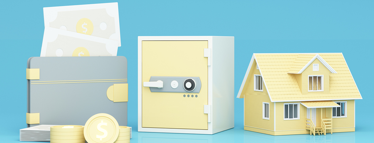 Wallet, safe and house in front of blue background