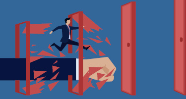 Cartoon image of fist punching through red doors with man running on top of hand on blue background