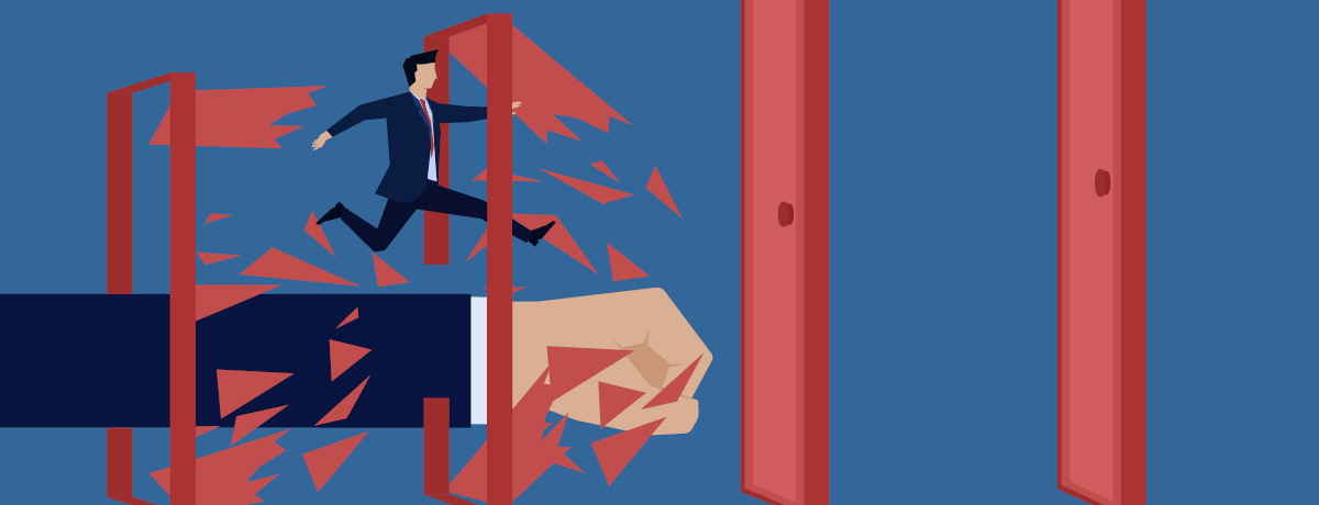 Cartoon image of fist punching through red doors with man running on top of hand on blue background