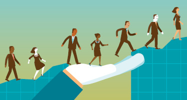 Animated figures walk up a steep hill with hand