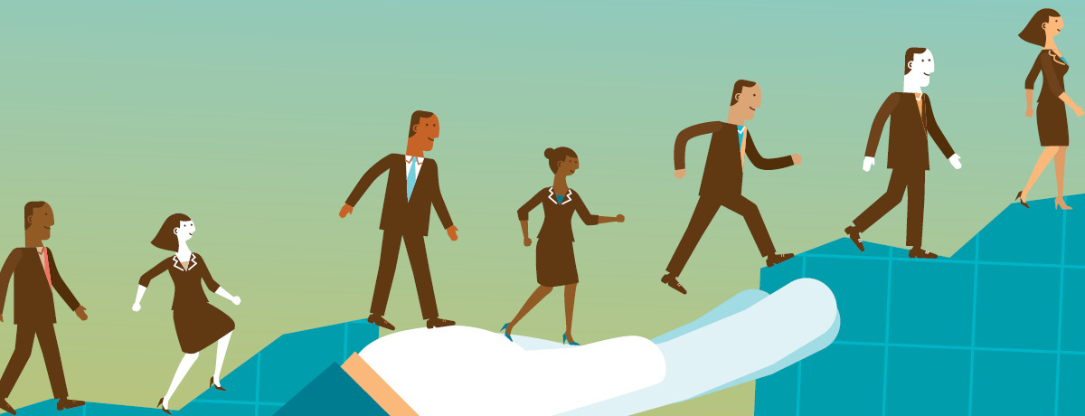 Animated figures walk up a steep hill with hand