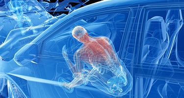 X-ray illustration of car accident with back injury