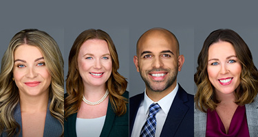 Four headshots of lawyers on grey background