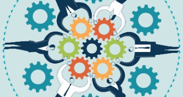 Six lawyers all holding multicolored cogs in a circle with a blue background 