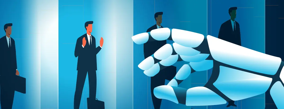Robotic hand pointing toward professionals standing inside illuminated blue glass columns.