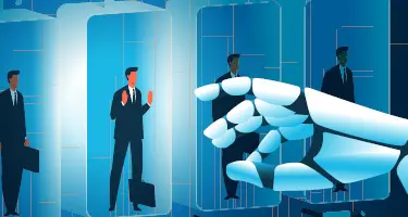 Robotic hand pointing toward professionals standing inside illuminated blue glass columns.