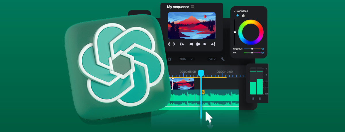 ChatGPT logo in front of video editing software