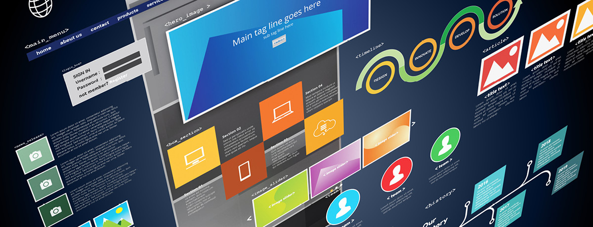 A website layout showcasing content creation with sections for images, text, and navigation.