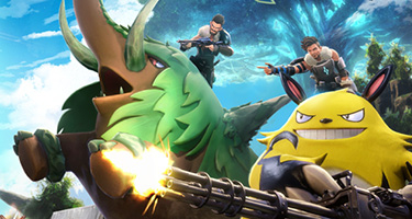 Animated figures with guns stand on top of creatures