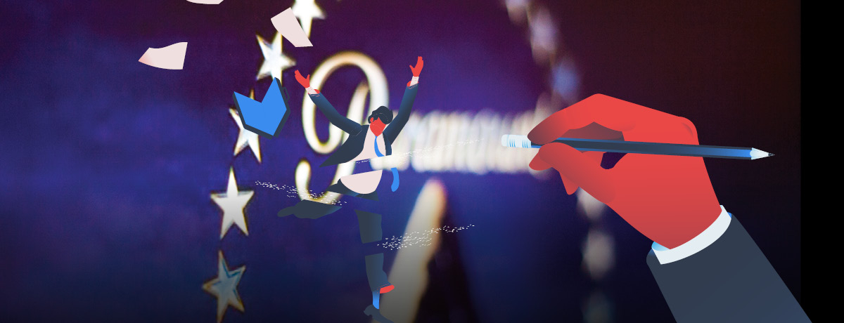 Animated man in suit being erased with Paramount logo in background