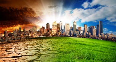 A city in between four different climates, one in sun, one cloudy, one in lots of heat, and one in t