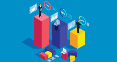 Three figures stand on increasingly taller blocks