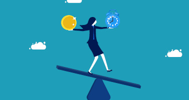 Animated woman holding a clock and coin while balancing on plank