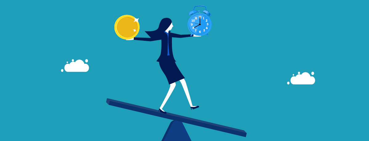 Animated woman holding a clock and coin while balancing on plank