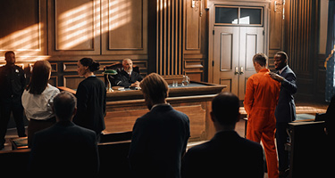 Client and attorney stand before judge in a courtroom