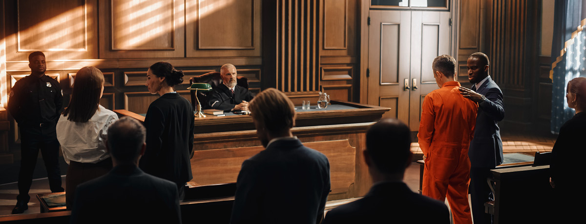 Client and attorney stand before judge in a courtroom