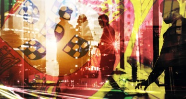 Labor and Technology double exposure image of street and silhouettes 