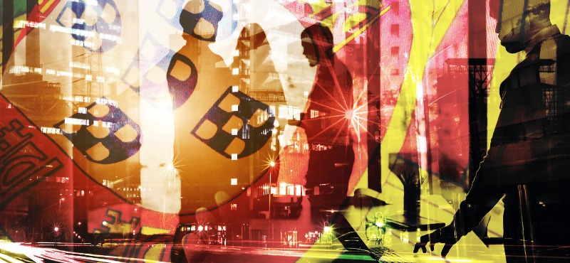 Labor and Technology double exposure image of street and silhouettes 