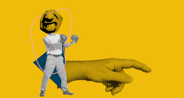 Vintage image of man with fists up with yellow backdrop and oversized hand pointing