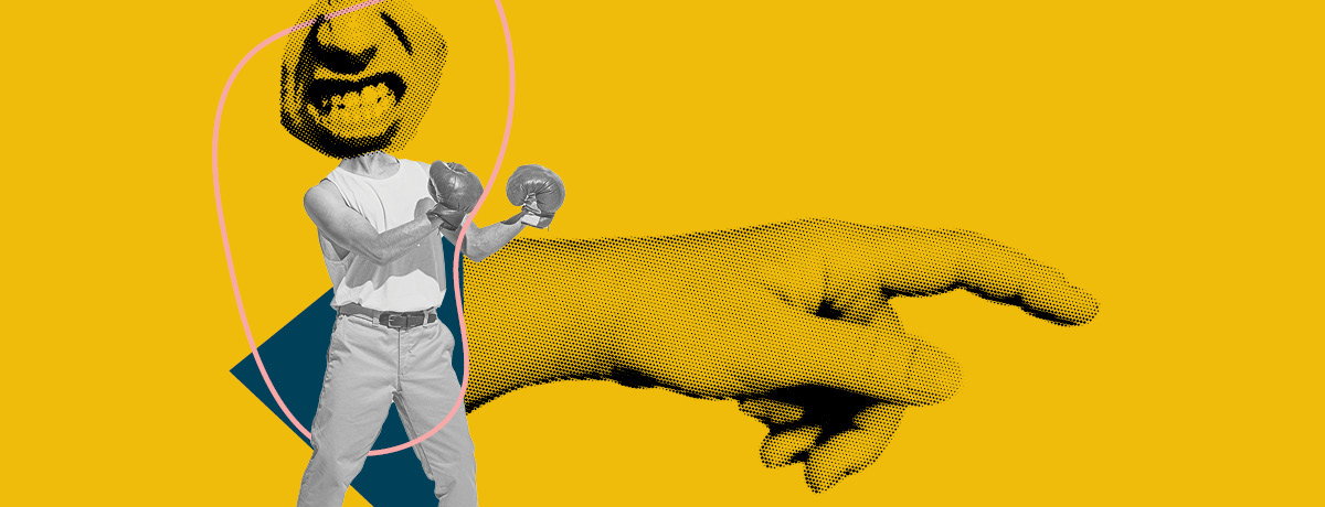 Vintage image of man with fists up with yellow backdrop and oversized hand pointing
